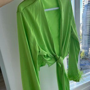 green Satin blouse with feather arms